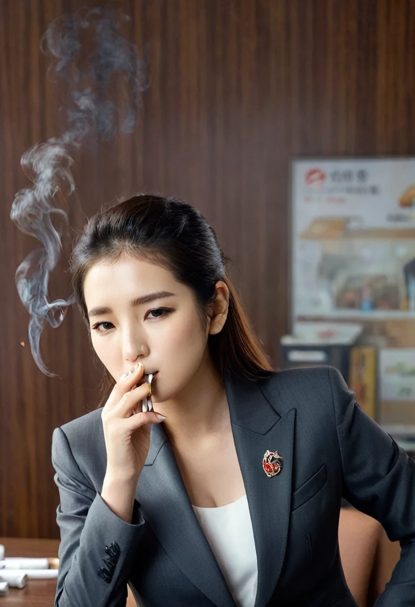 A woman smoking a cigarette in a busy office setting, A woman smoking a cigarette, Bae Suzy, A woman smoking a cigarette, Smoking woman, Korean women, beautiful south Korean women, Take a smoking break, With a cigar, Dilraba Dilmurat, Korean Girls, Jaeyoung Nam, sakimichan, Girl in suit, Kim Tae-jun, Dramatic smoking pose