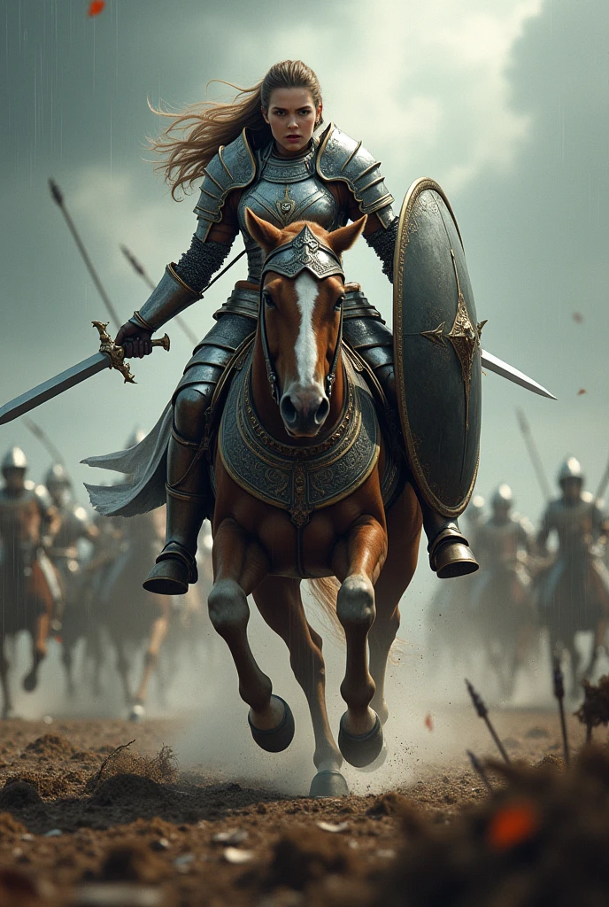 a female centaur(a creature with the head, arms, and torso of a woman and the body and legs of a horse) with sword, armor and shield in the battlefield, galloping, angry expression, rain of arrows, a bunch of hostile surrounding