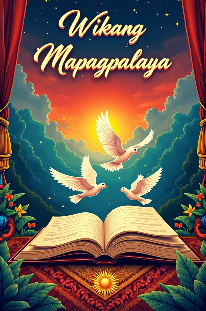 A landscape-oriented poster with the title "Wikang Mapagpalaya" prominently displayed in elegant, flowing Filipino script across the top. The background is a dynamic panorama of vibrant colors, symbolizing the richness and diversity of language. In the center, an open book lies horizontally, with its pages morphing into soaring doves, representing the liberating power of language. Traditional Filipino patterns and cultural symbols, such as the sun, stars, and intricate textiles, subtly frame the scene. The overall design is empowering, with a strong emphasis on cultural pride and the transformative impact of language on freedom. Do not add the title of the poster