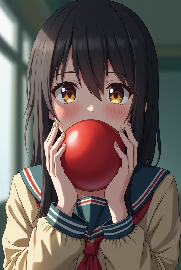 Realistic photo of japanese schoolgirl wearing ball gag