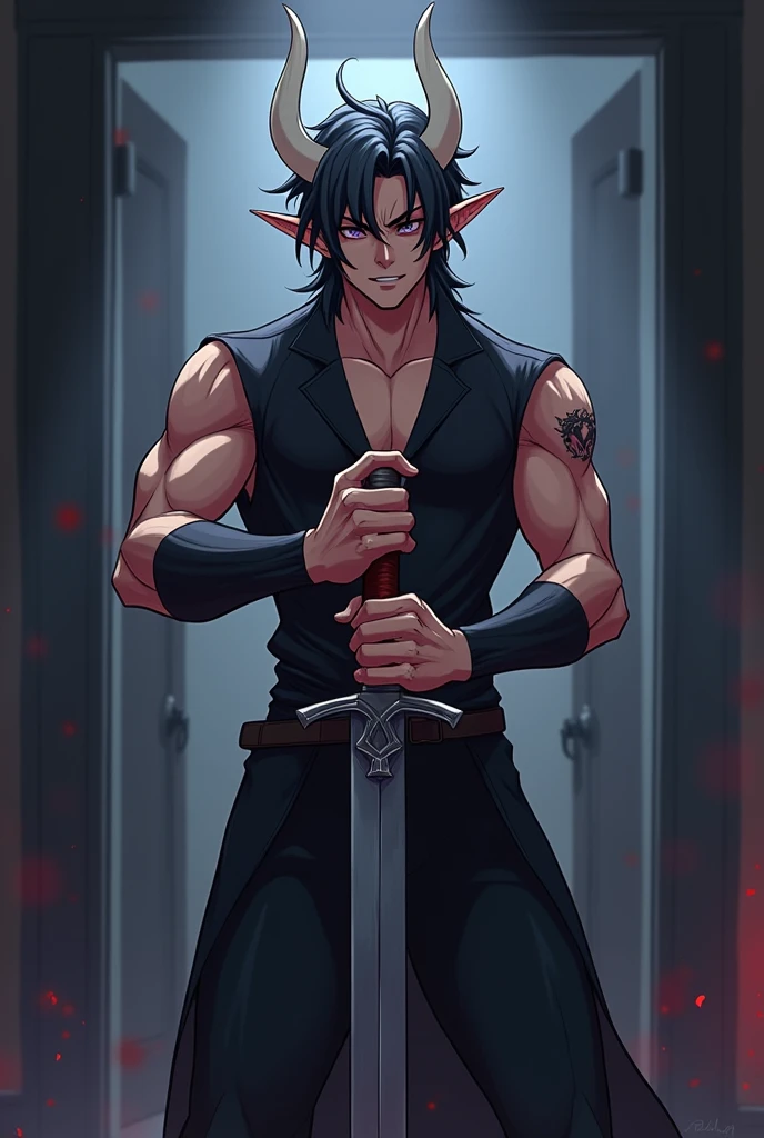 there is a cartoon of a person with a sword in a room, holding a pudica pose, fit male demon with white horns, gapmoe yandere grimdark, as a dnd character, neferpitou, he has dark grey hairs, dark elf, anime style character, as an anime character, discord pfp, asriel dreemurr