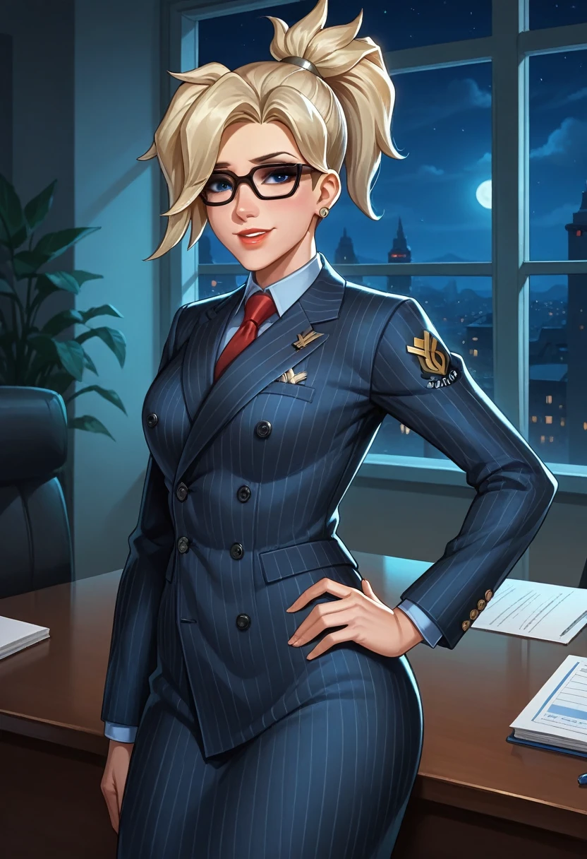 score_9, score_8_up, score_7_up,score_6_up, score_5_up, 1girl, Mercy (Overwatch), solo, pretty face, blonde hair, ponytail, light blush, makeup, lipstick, medium perky breasts, seductive eyes, double-breasted suits, 1girl, solo, glasses, formal, jewelry, suit, red necktie, earrings, jacket, shirt, standing, hand on hip, window, navy pinstripe jacket, light blue shirt with white shirt collar, skirt, makeup, bedroom eyes, seductive, heavy blush, smile, detailed background, night, moonlight, inside, office, volumetric lighting, vivid colours, sitting on office chair, full body shot, sexy, 