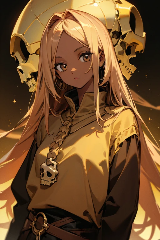 a girl with dark brown skin with golden hair looking at the camera while a skull in the background is looking at her