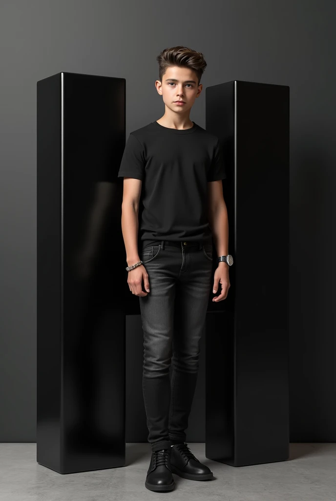 realistic  cute stylish attitude boy standing up leaning on a Large Black  3D “H
” name letter side and face down. boy wearing black full t-shirt and black jeans, black shoes, watch stylish hair, The background black wall should ensure that the name is not misspelled

