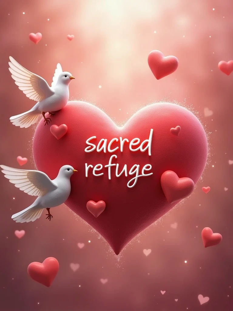 Heart-shaped design with the name "Sacred Refuge", adorned with a white dove and floating hearts, evoking love and serenity, digital art, soft shades of red, matte finish, dreamy background with sparkles.