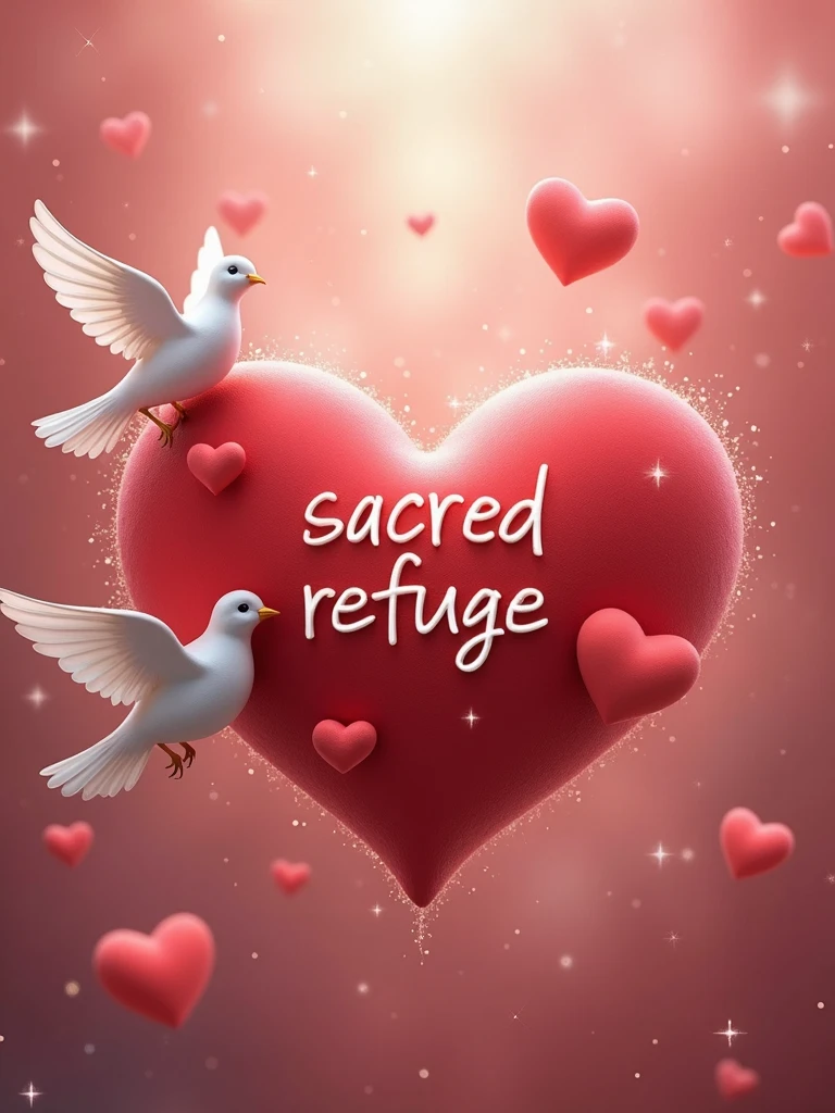 Heart-shaped design with the name "Sacred Refuge", adorned with a white dove and floating hearts, evoking love and serenity, digital art, soft shades of red, matte finish, dreamy background with sparkles.