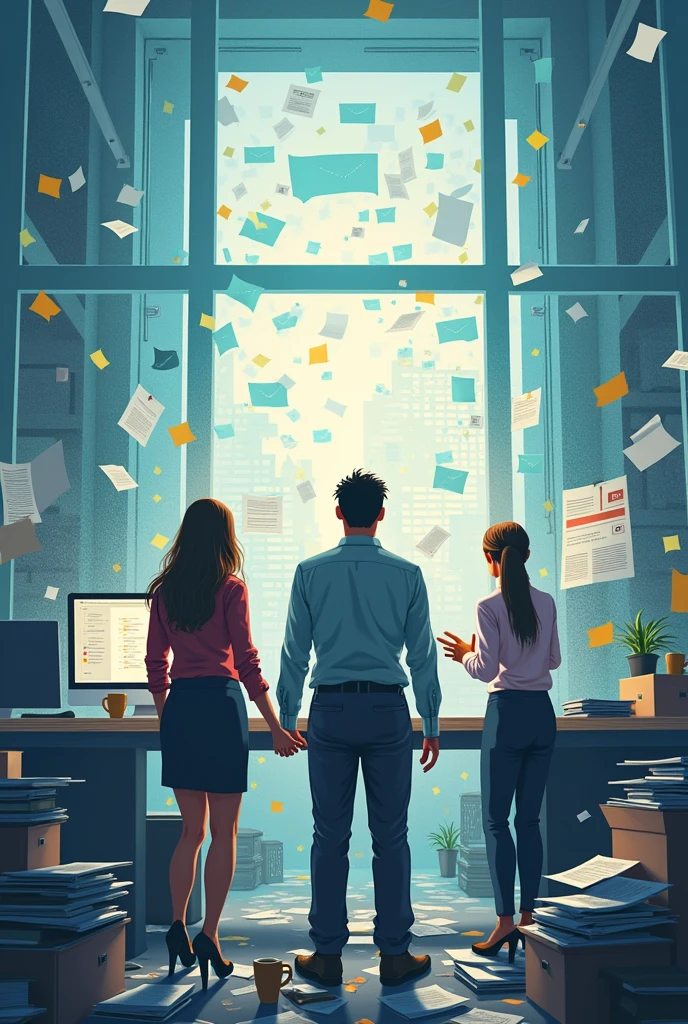 A digital office team faces difficulties due to disorganized documents and emails. Many files are disorganized, and important emails are lost in a cluttered inbox.
