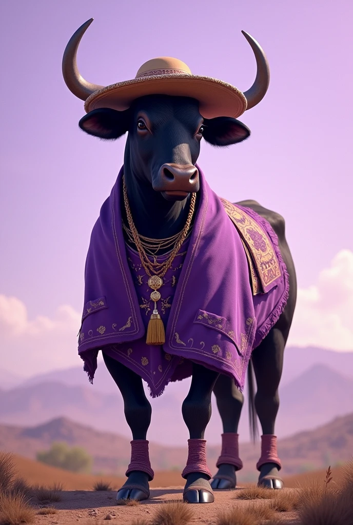 Bull in traditional gaucho clothing in lilac color
