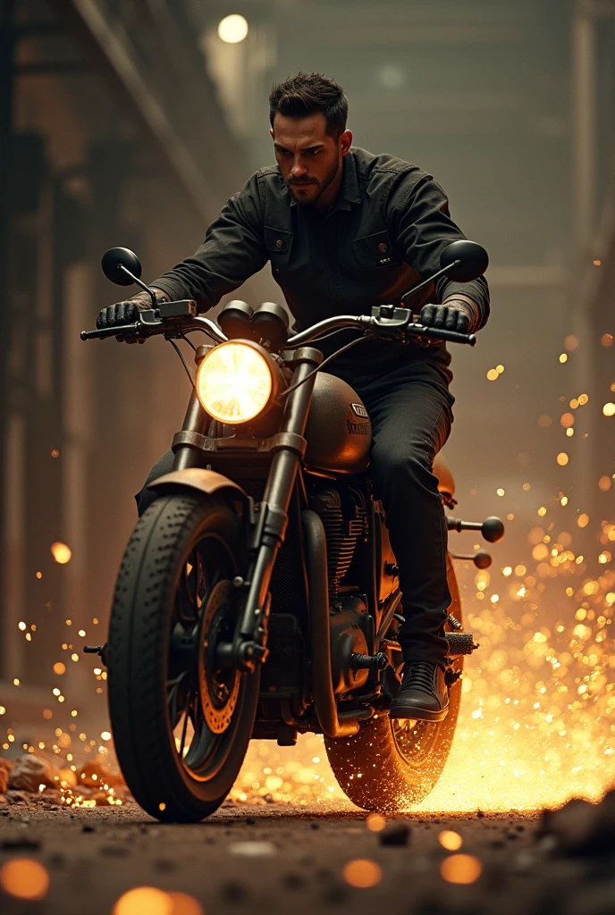 skinny man, Brown color on a Bross Motorcycle Catching Sparks