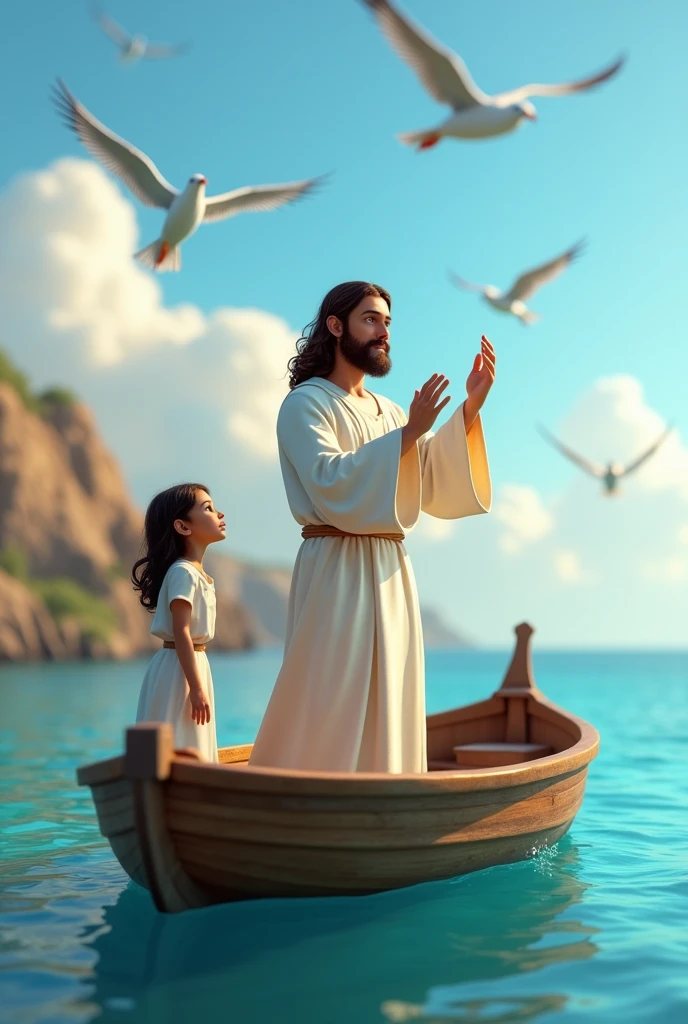 Create an image of Jesus from the biblical story wearing a white dress.
Along with a girl of about .
In an environment at sea inside a boat and Jesus praying with the .
with birds flying, um dia ensolarado.
disney pixar style 3d