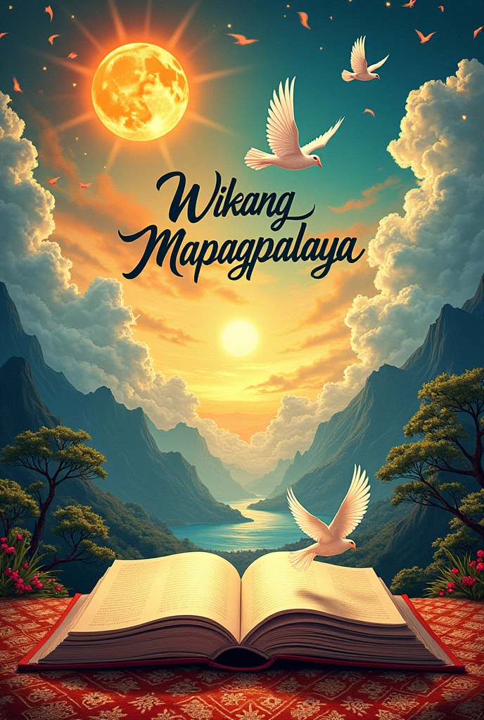 A landscape-oriented poster with the title "Wikang Mapagpalaya" prominently displayed in elegant, flowing Filipino script across the top. The background is a dynamic panorama of vibrant colors, symbolizing the richness and diversity of language. In the center, an open book lies horizontally, with its pages morphing into soaring doves, representing the liberating power of language. Traditional Filipino patterns and cultural symbols, such as the sun, stars, and intricate textiles, subtly frame the scene. The overall design is empowering, with a strong emphasis on cultural pride and the transformative impact of language on freedom.