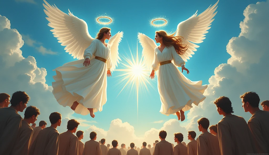 Two angelic messengers descending from heaven, with radiant light around them. The contrast between the blue sky and the barren land highlights the hope they bring. The inhabitants look at them with a mixture of fear and curiosity..