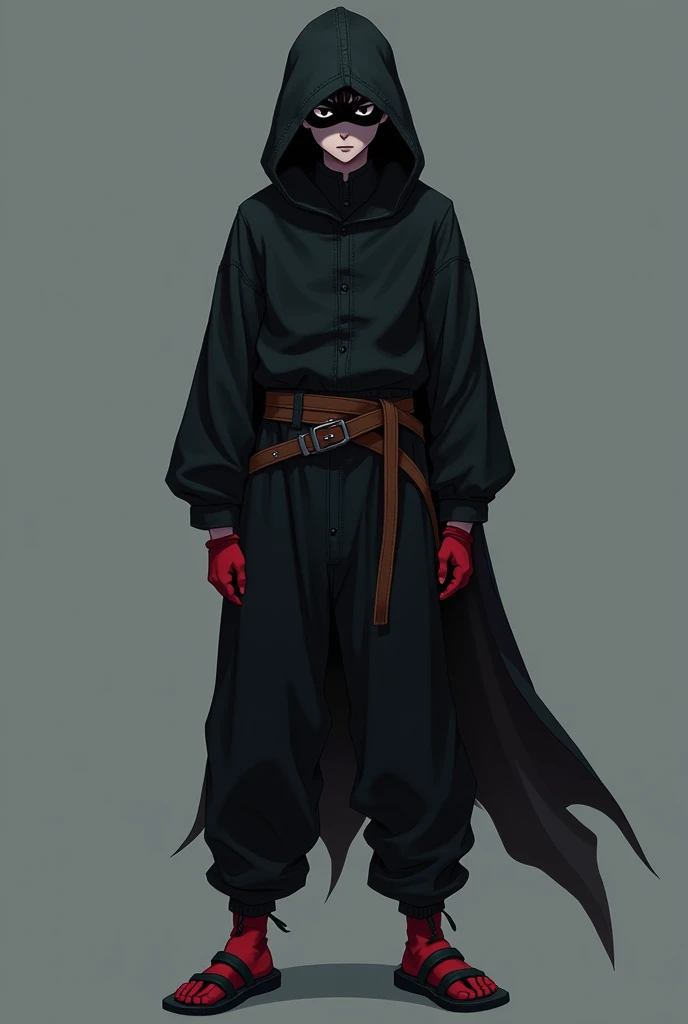 A 20 year old boy with white skin color and black eyes, he is wearing a black hood and a mask that covers his mouth, He is also wearing a black long-sleeved shirt and on his hands he has red gloves., his pants are black and he is wearing sandals, he also has a brown belt around his waist.
anime styling!!