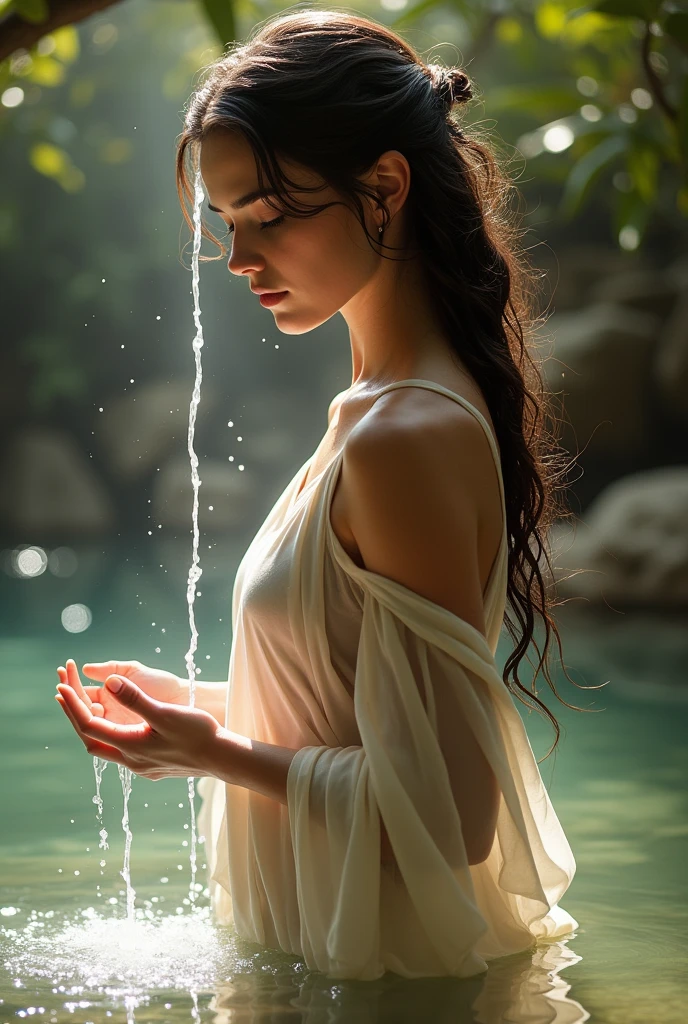 A beautiful Hebrew woman pouring water over her head with her hand