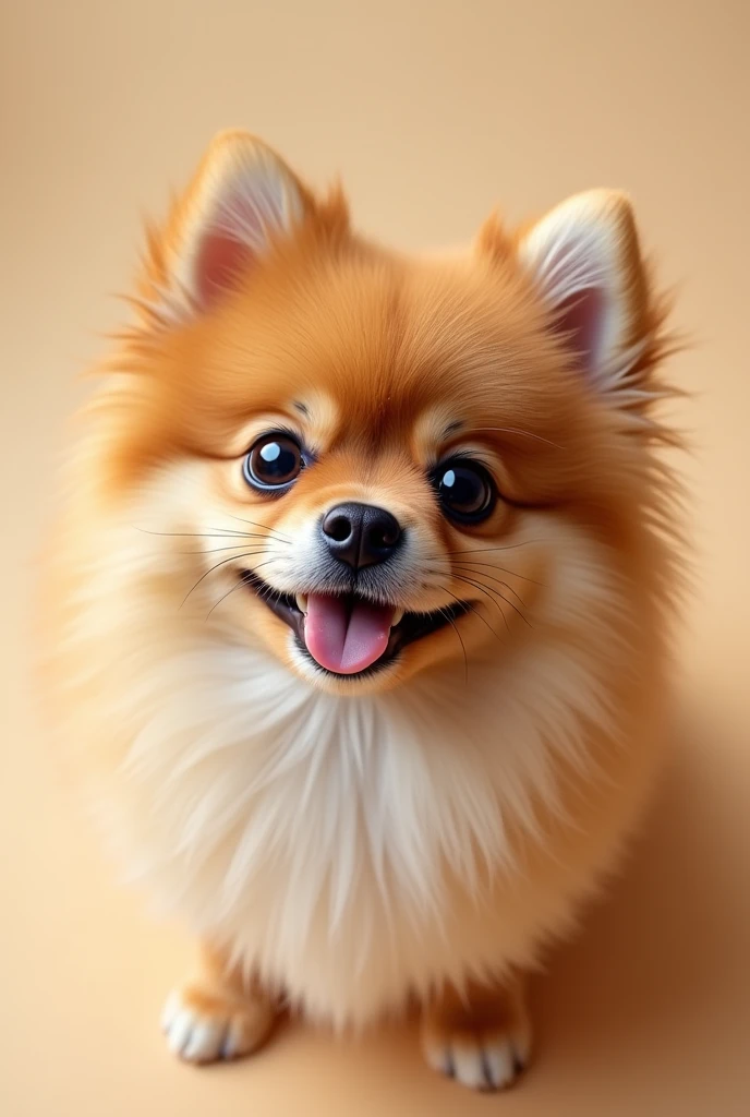 Create a beautiful, close-up image of a brown Pomeranian dog, capturing the entire face and fluffy fur in detail. The dog should have a happy expression, with the head slightly tilted, Bright and expressive eyes, and a cute little snout. The fur should be soft, full and slightly disheveled, highlighting the breed's classic, cute appearance. Ears should be rounded, adding an even more adorable touch to the dog. The background should be simple and smooth., using pastel or neutral tones to ensure the focus remains on the Pomeranian's charming features. The image should evoke feelings of warmth, cuteness and charm, making it clear why this breed is so attractive and popular.