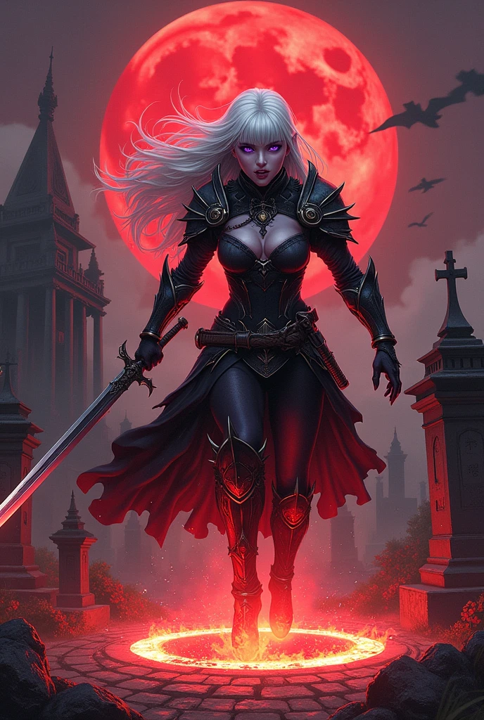 (Ultra-detailed face, Roar, shout:1.3), (Fantasy Illustration with Gothic & Ukiyo-e & Comic Art), (Full Body, A young-aged dark elf woman with white hair, blunt bangs, Very long disheveled hair, and dark purple skin, lavender eyes), (She is dressed in dusky, bloodstained, heavily armored armor and a velour cloak), (With a yell, she leaps up and strikes a daring pose, thrusting her two-handed greatsword into the center of the magic circle. Flames explode in the center of the magic circle), BREAK (In the background, an old temple and a cemetery can be seen, and the red moon tints the area red)