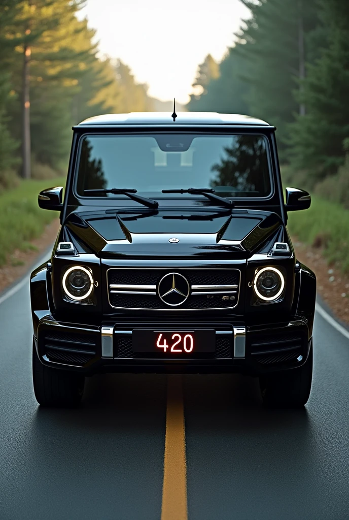 ((best quality)), ((masterpiece)) mercedes G Wagon in Glossy Black Colour in the middle of Roads with number plate '420' in blood font