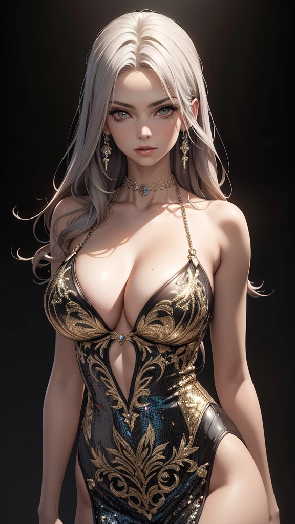 a beautiful, slim, fit woman, wearing a fancy, stylish sequin dress, with intricate and highly detailed design, long silver hair, body chain, and jewelry, (best quality, 4k, 8k, highres, masterpiece:1.2), ultra-detailed, (realistic, photorealistic, photo-realistic:1.37), dynamic pose, dramatic lighting, cinematic, chiaroscuro, elegant, glamorous, seductive