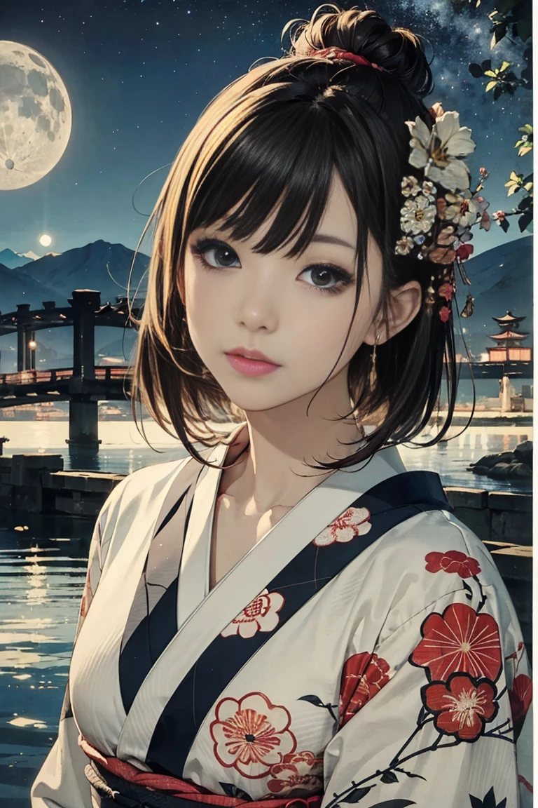(Highest quality、 8k 、masterpiece、High resolution)、(whole body)、Vibrant colors、Brown-black bob、Traditional round topknot、Ample breasts、(Highly detailed face and eyes、Beautiful Face、Beautiful Eyes、Beautiful Nose、Pretty lips)、Detailed Art,(Japanese painting), (Beautiful woman in kimono),(bright floral kimono), background、river、bridge、Mountain、wood、Starry Sky、moon、Detailed CG、