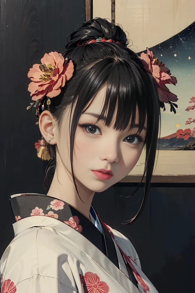(Highest quality、 8k 、masterpiece、High resolution)、(whole body)、Vibrant colors、Brown-black bob、Traditional round topknot、Ample breasts、(Highly detailed face and eyes、Beautiful Face、Beautiful Eyes、Beautiful Nose、Pretty lips)、Detailed Art,(Japanese painting), (Beautiful woman in kimono),(bright floral kimono), background、river、bridge、Mountain、wood、Starry Sky、moon、Detailed CG、