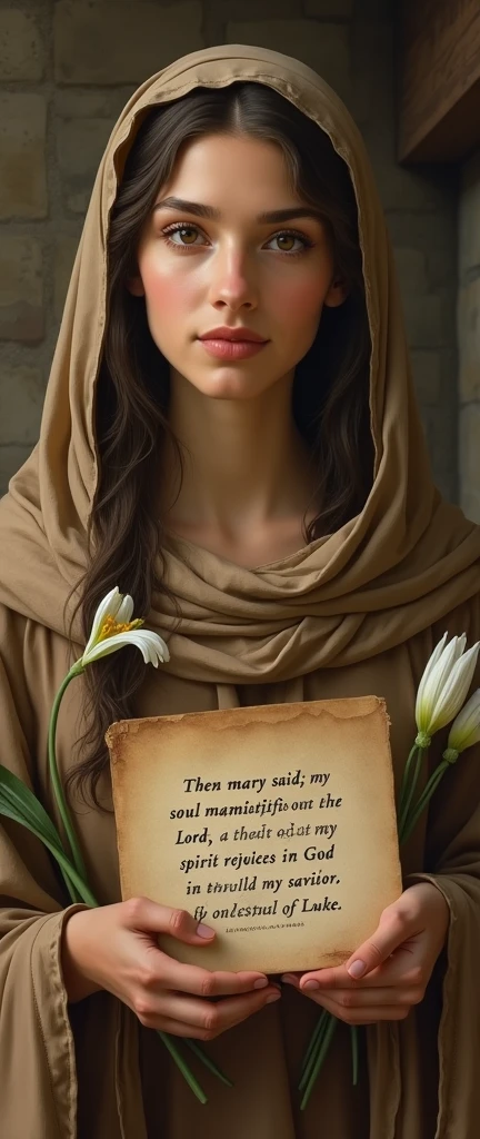 Image of Mary mother of Jesus in the 1st century with this biblical text Lc 1:46-47: "Then Mary said: My soul magnifies the Lord, And my spirit rejoices in God my Savior;"