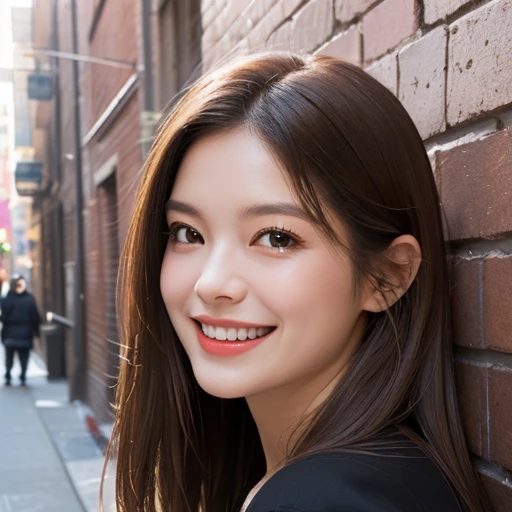 (((Face close-up)))、(((Brown straight hair)))、(((She is photographed with the backdrop of a New York alleyway))、(Natural laughter:1.25)、、1 girl、Independent、I'looking forward to it、Natural Makeup、Brown Hair Color、flat 、、Quality of actress、Shiny, Ultra-realistic faces、smile、Watery eye、look up、Subtle lighting effects、 Ultra-Realistic Capture、Very detailed、High resolution 16K human skin closeup。Skin texture must be natural、The detail must be such that the pores are clearly visible..、skin is healthy、Even Tone、Use natural light and color、worn out, High quality photos taken by modeling agencies'In-house photographer.、smile、(((Sigma 300mm F/1.4,1/1000 sec shutter,ISO400)))、The background is F-stop 1....4 is blurry