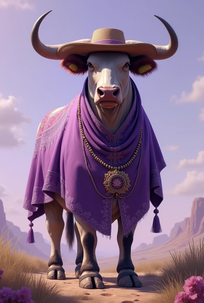 Bull in traditional gaucho clothing in lilac color