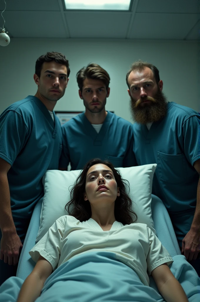 Three men surround a woman awake in the hospital
