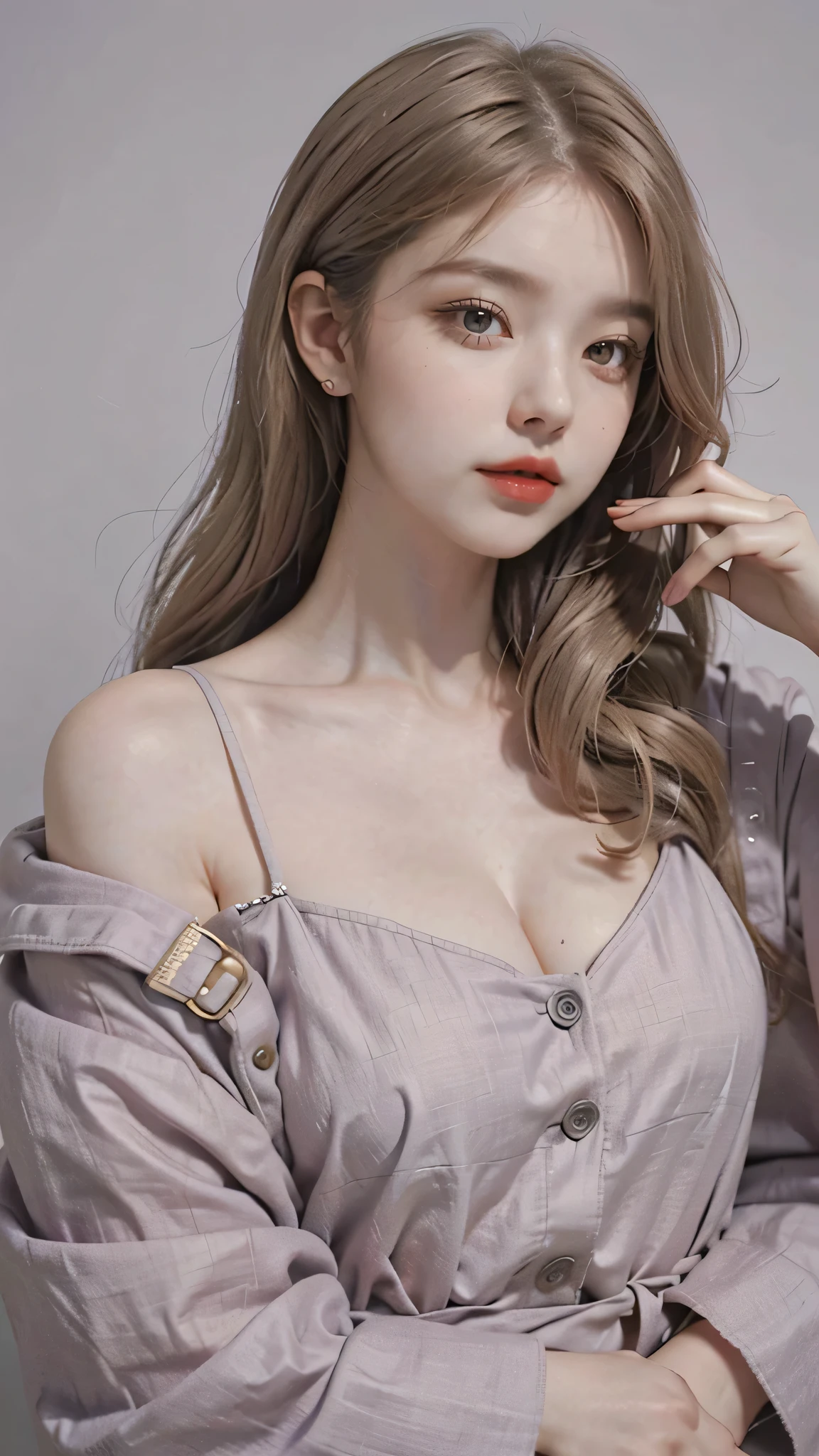 Girl wearing, luxury lavender coat, button closed, shoulder length hair, wavy hair, glowing skin, star in eye, red lips, grey background, cute poses , upper body, light blonde hair.