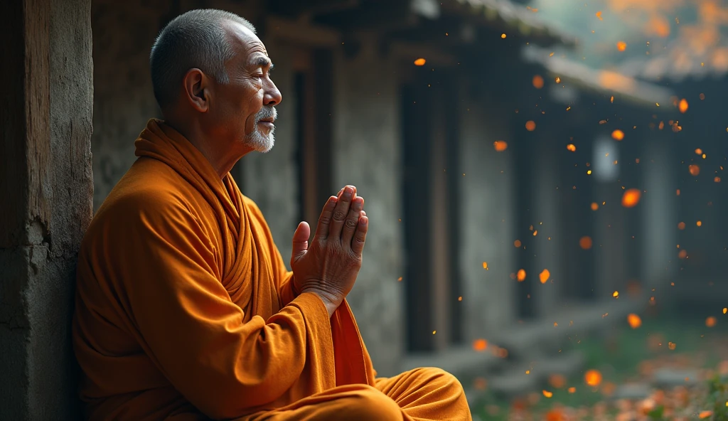 ancient buddhist monk looking directly at the camera with hands together meditating, not towards the center, clear facial features, bright colors, particles of light, with bright light, Mushhiv, wallpaper art, UHD wallpapers, vivid atmosphere , near an old house, village