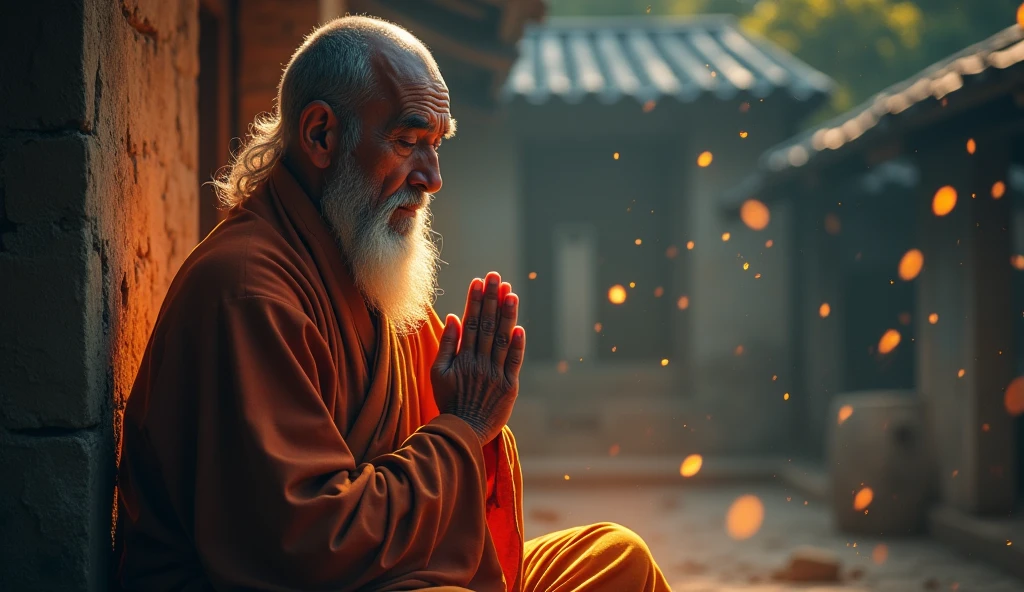 ancient buddhist monk looking directly at the camera with hands together meditating, not towards the center, clear facial features, bright colors, particles of light, with bright light, Mushhiv, wallpaper art, UHD wallpapers, vivid atmosphere , near an old house, village