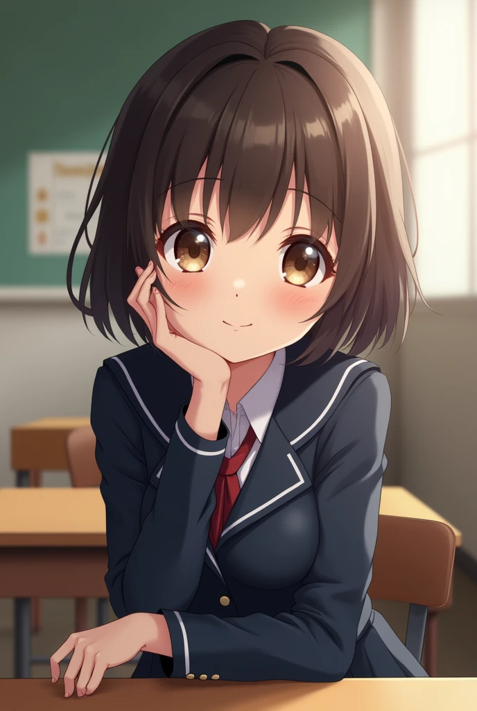 Highest quality, Face Focus, Soft Light, Ultra-high resolution, (Realistic:1.4), RAW Photos, 1 Japanese girl, alone, cute, (A shy smile:0.5), (Brown eyes, Light in your eyes), Beautiful face in every detail, (Small box),(High resolution detail of human skin texture), (Short Bob Hair), break, In the classroom,Navy uniform, Best, skirt