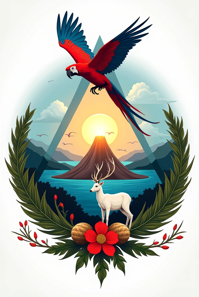 A blue and white background (representing the flag).
A central triangle containing a volcano, a sea and a sun (inspired by the shield).
Laurel branches around the triangle, symbolizing peace.
A red macaw flying over the triangle.
A white-tailed deer at the base of the emblem.
The seven-color flower in the corners of the design.
Cocoa fruits decorating the edge of the emblem.
