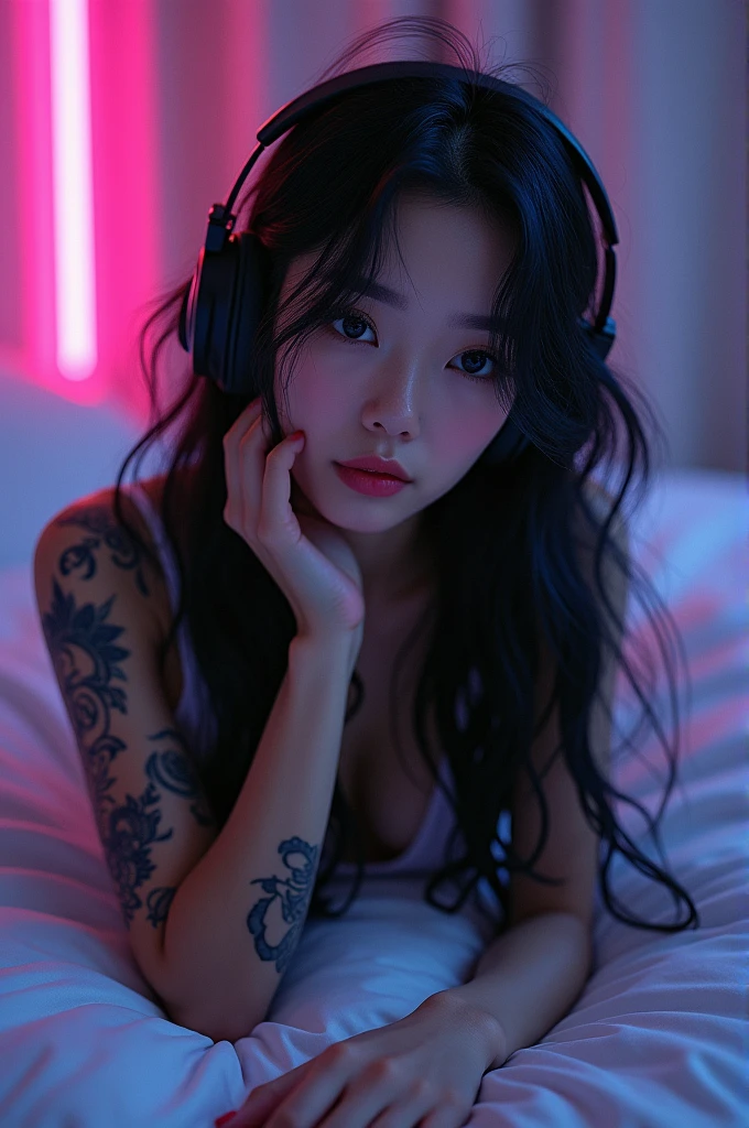 Beautiful black-haired Asian Girl, inexplicable beauty, beautiful eyes, beautiful lips, and beautiful long black hair, with small waves at the ends, with tattoos, and a short shirt, lying on the bed posing while wearing headphones listening to music, with Neon color behind