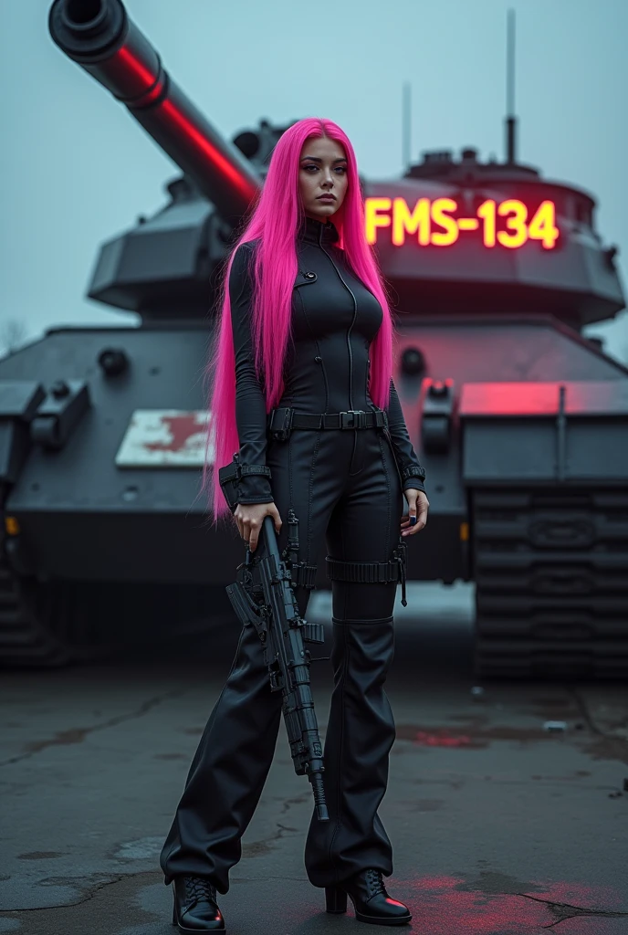 A very attractive woman with long, flowing pink hair aged 25. She is wearing a long jumpsuit. Behind her is a large tank with a neon sign that says “FMS-134” artillery woman, shooter, murderer. cyber punk.  Woman with a rifle in her hand. high resolution, ultra HD, high qualiy, 