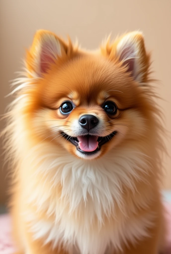 Create a beautiful, close-up image of a brown Pomeranian dog, capturing the entire face and fluffy fur in detail. The dog should have a happy expression, with the head slightly tilted, Bright and expressive eyes, and a cute little snout. The fur should be soft, full and slightly disheveled, highlighting the breed's classic, cute appearance. Ears should be rounded, adding an even more adorable touch to the dog. The background should be simple and smooth., using pastel or neutral tones to ensure the focus remains on the Pomeranian's charming features. The image should evoke feelings of warmth, cuteness and charm, making it clear why this breed is so attractive and popular.