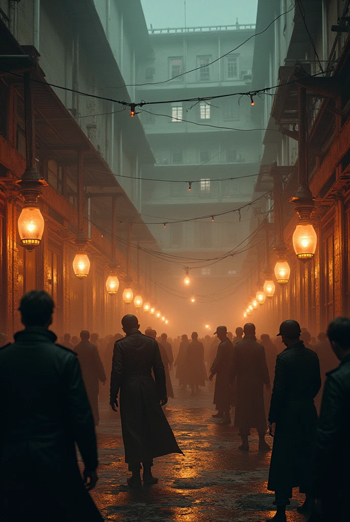 Underworld market. There is an arena with a makeshift fighting ring surrounded by a rusty metal fence.. privileged. . are adorned with gas lamps.