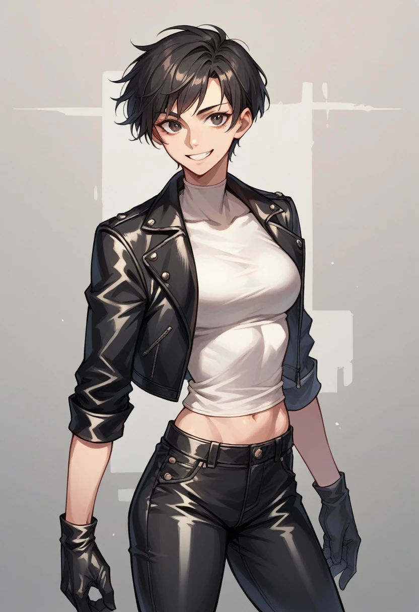 Black leather pants, black leather jacket, leather gloves, short hair, smile