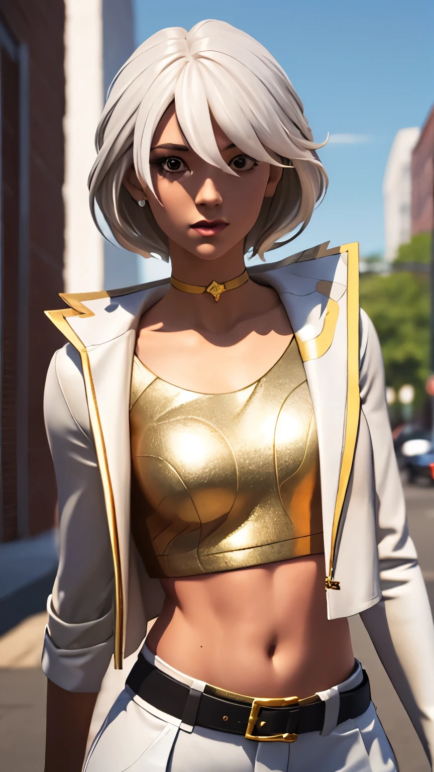 City detailed background, city detailed scenario, 1girl, solo, AphroditeFN, crop top, Gold top, yellow crop top, open clothes, jacket crop top, white jacket, white hair, upper body, looking at viewer, body facing viewer,