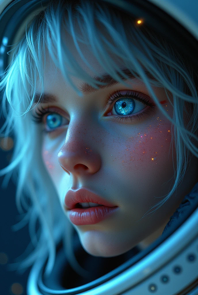 (Close-up of a better masterpiece:1.5)0.9], (Space and astronauts:1.2) (Messy silver hair:1.1) (Heterochromia xanthochromia and blue eyes:1.2) (Space Helmet:1.0) (Colored stars in the eyes:1.0) (A radiant glow:1.1) (thick lips:0.9)