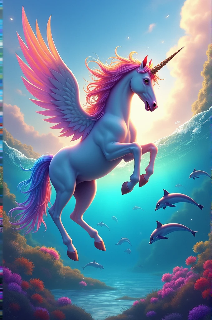 Put a very colorful flying unicorn, on a very colorful sea with very colorful dolphins in and out of the sea, Add a mermaid with rainbow hair and also unicorn hair and the whole background very colorful and with sparkles