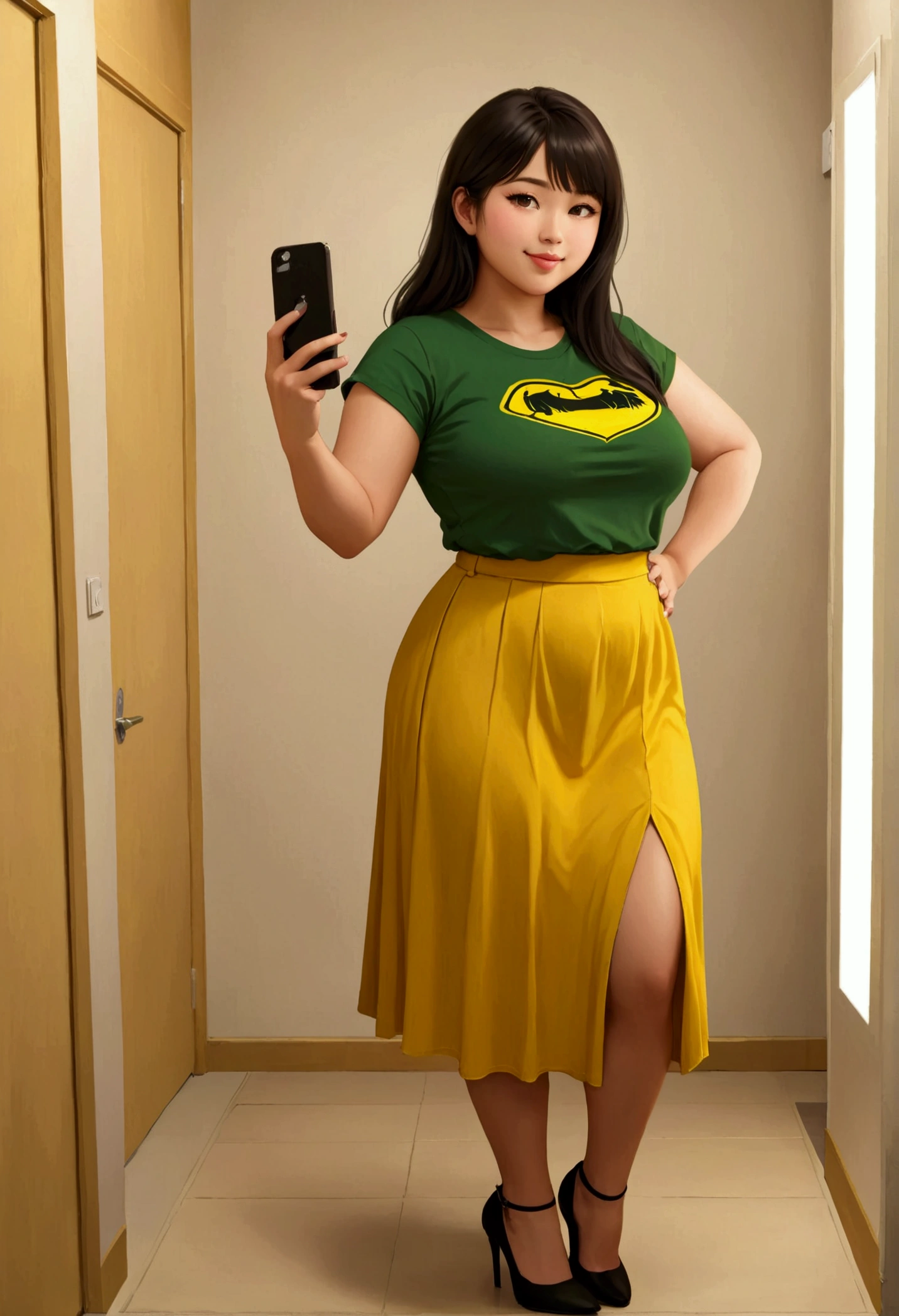 femme de 20 ans, Cheveux noirs très longs, frange, asiatique aux yeux marron, Des seins généreux et lourds , chubby, lèvres pulpeuses, naturellement courbé, cuisses musclées , fitting room, yellow long Skirt and green teeshirt ,selfie, heels, side view, sourire 