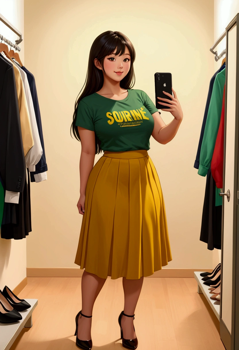 femme de 20 ans, Cheveux noirs très longs, frange, asiatique aux yeux marron, Des seins généreux et lourds , chubby, lèvres pulpeuses, naturellement courbé, cuisses musclées , fitting room, yellow long Skirt and green teeshirt ,selfie, heels, side view, sourire 