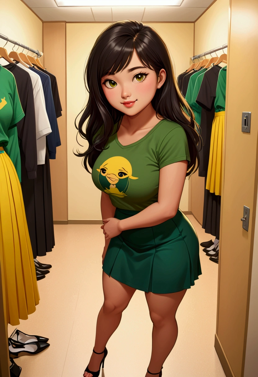 femme de 20 ans, Cheveux noirs très longs, frange, asiatique aux yeux marron, Des seins généreux et lourds , chubby, lèvres pulpeuses, naturellement courbé, cuisses musclées , fitting room, yellow long Skirt and green teeshirt ,selfie, heels, side view, sourire 