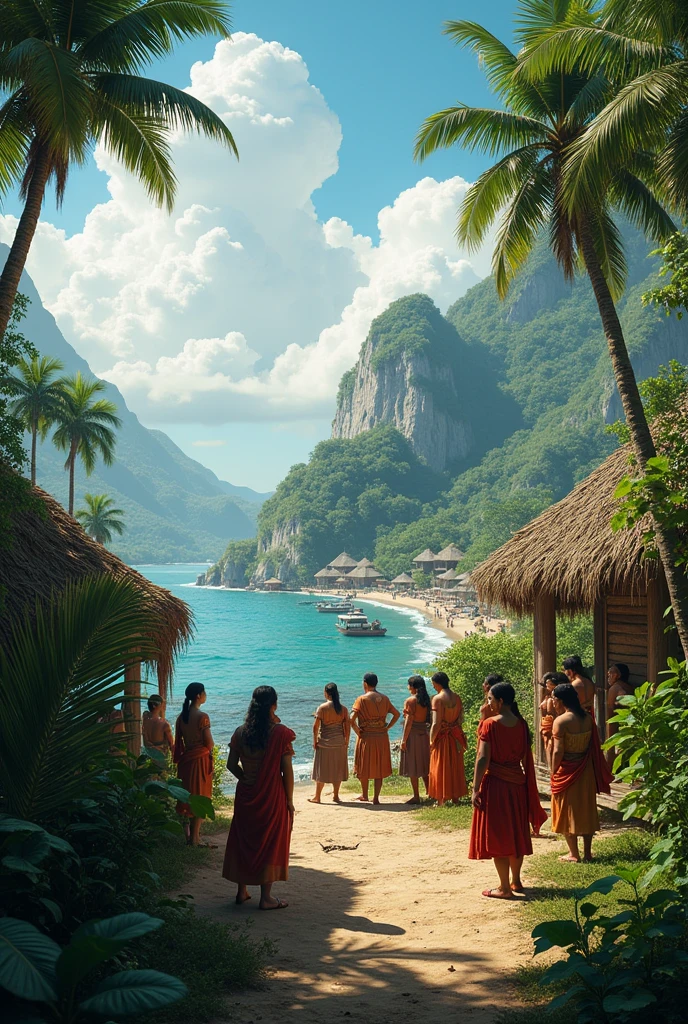 Columbus and his crew exploring the vegetation and fauna and villages of nearby islands