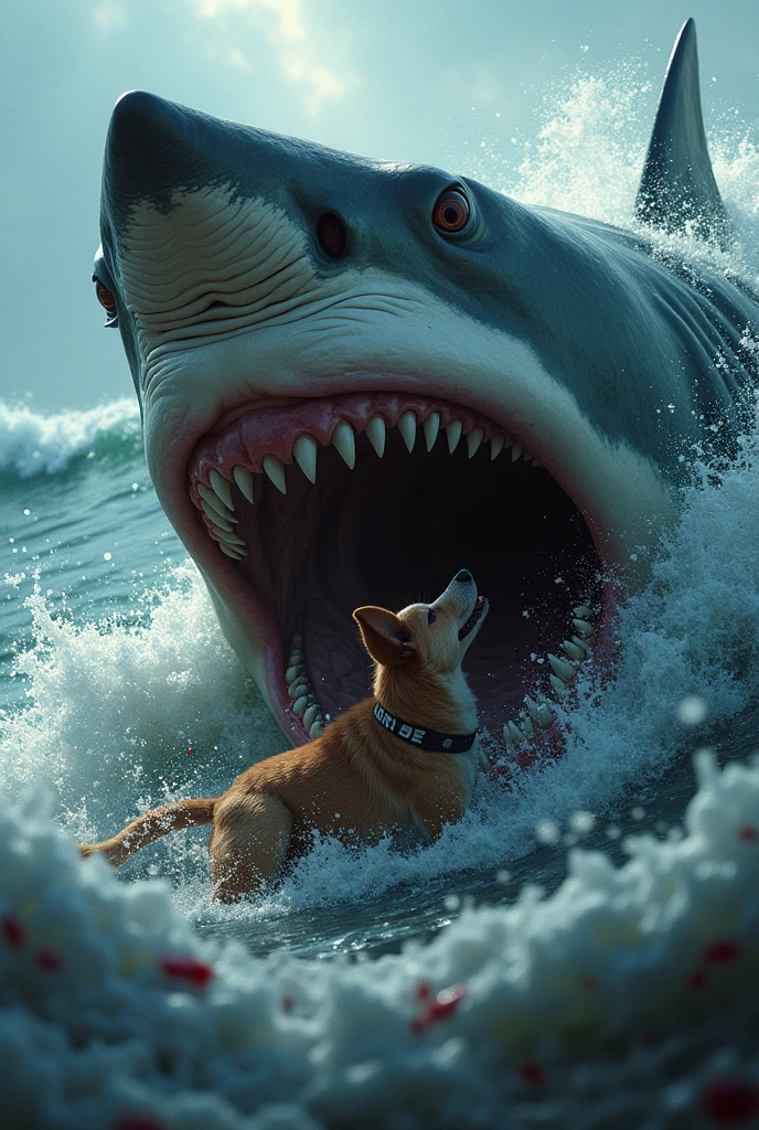 a shark biting a small dog