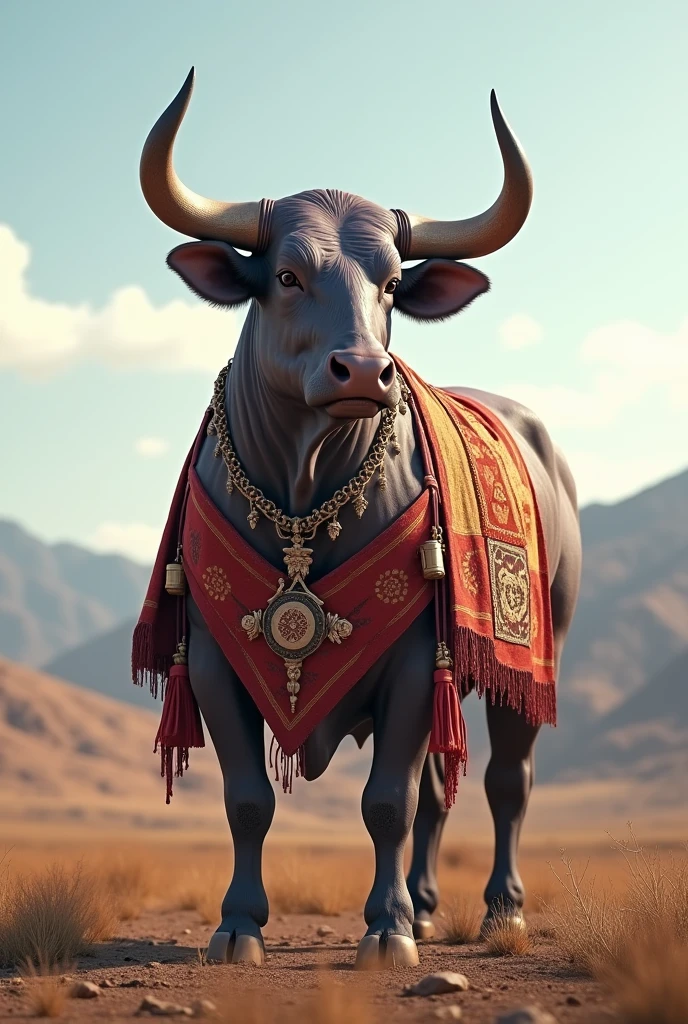 Standing bull in traditional gaucho clothing in lilac color