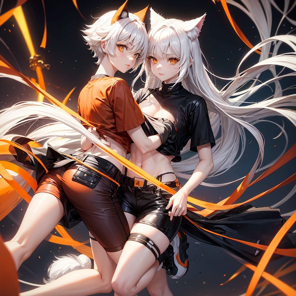 orange eyes,white hair,Cat ears and tail,black shirt,orange pants,shorts,short hair,It's a woman.,There is only one person.