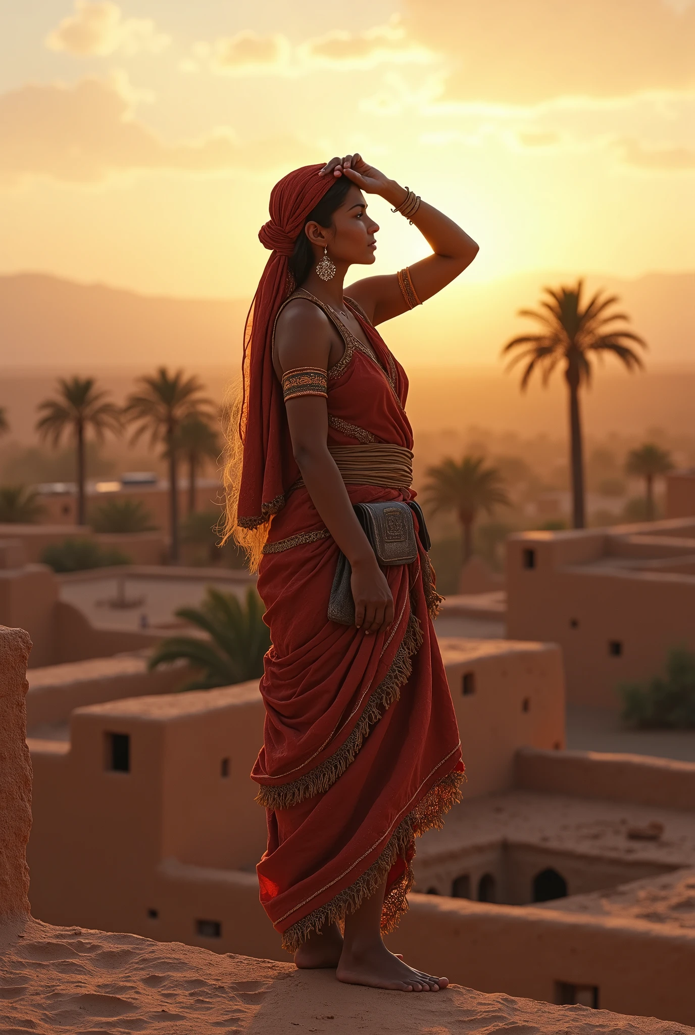 
Amazigh woman, wearing the clothes of the Amazigh of southern Morocco, standing on the roof of the house, leaning with her hands on the wall and her other hand over her head to block the sun from her eyes. Very wonderful pictures, in high resolution, as if it were a painting by Leonardo da Vinci. . Above the roof, you see distant mud houses, palm trees and mountains, the image of the woman is close to the eye, time : At sunrise