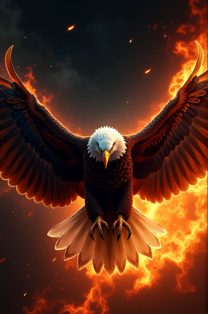 Drawing of a bald eagle on a black background with flames in vibrant colors